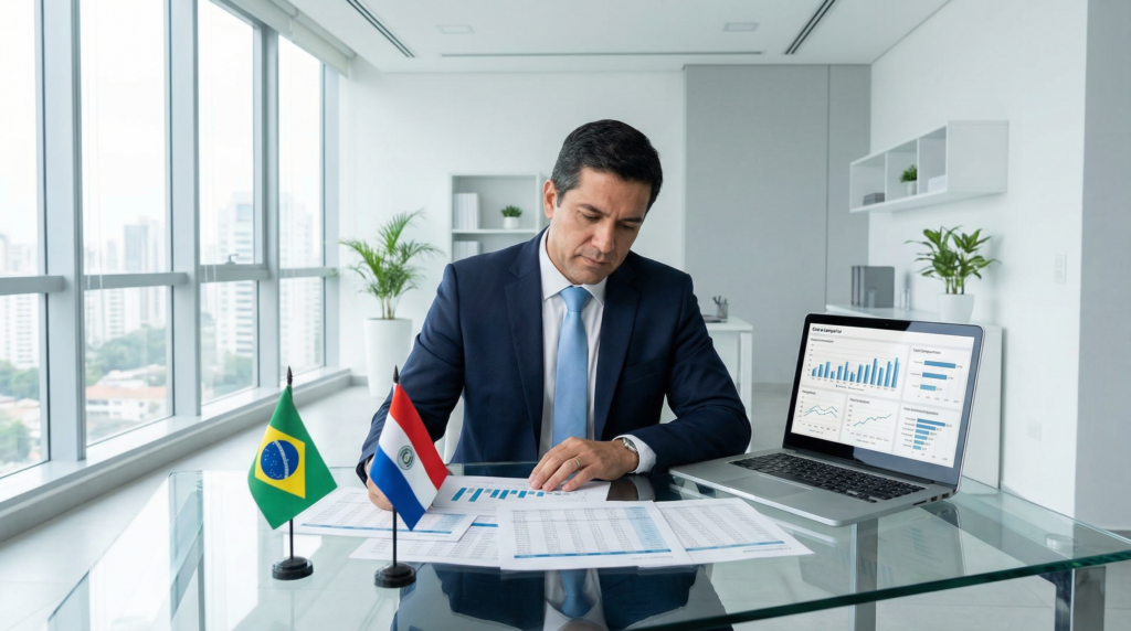 Custo Real de um Funcionário no Brasil vs Paraguai 2026 1 Empresário calculando o custo real de um funcionário no Brasil vs Paraguai