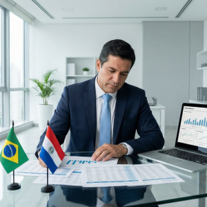 Empresário calculando o custo real de um funcionário no Brasil vs Paraguai